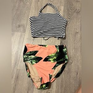 Albion small Isabel high-waisted bottoms & navy & white striped switchback crop.